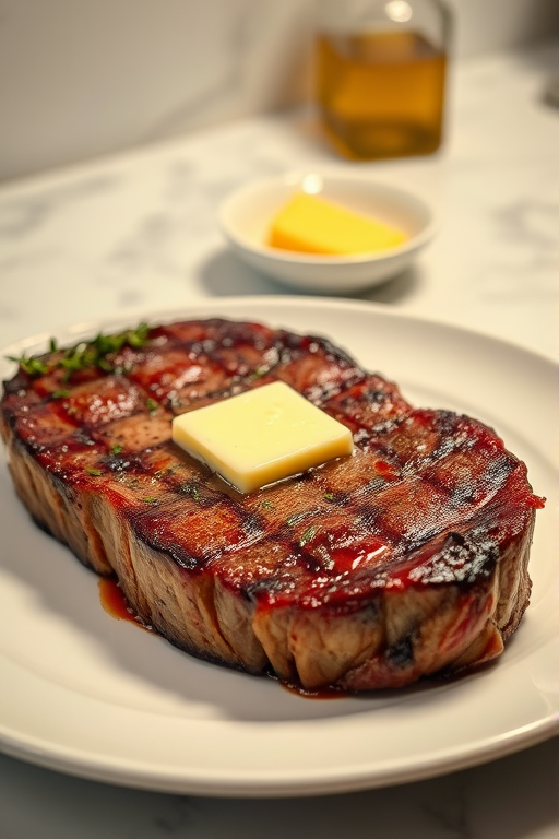 Create an image of a perfectly seared ribeye steak, resting on a white plate with a pat of melting butter on top. The steak is seasoned with fresh herbs like thyme and parsley, with glistening juices highlighting the texture of the meat. The background features a soft focus on a light, marble countertop, with a small dish of butter and an olive oil bottle in the distance. The overall mood should be warm and inviting, capturing the deliciousness and juiciness of the steak.