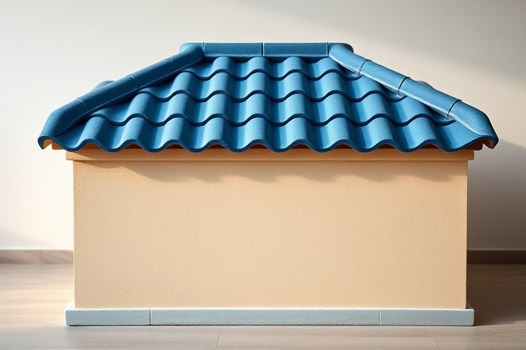 Create a high-resolution image of a simple rectangular box with a blue tiled roof, using a DSLR camera with a focal length of 50mm, aperture set to f/2.8, ISO at 100, shot at eye level in a soft natural light setting.
