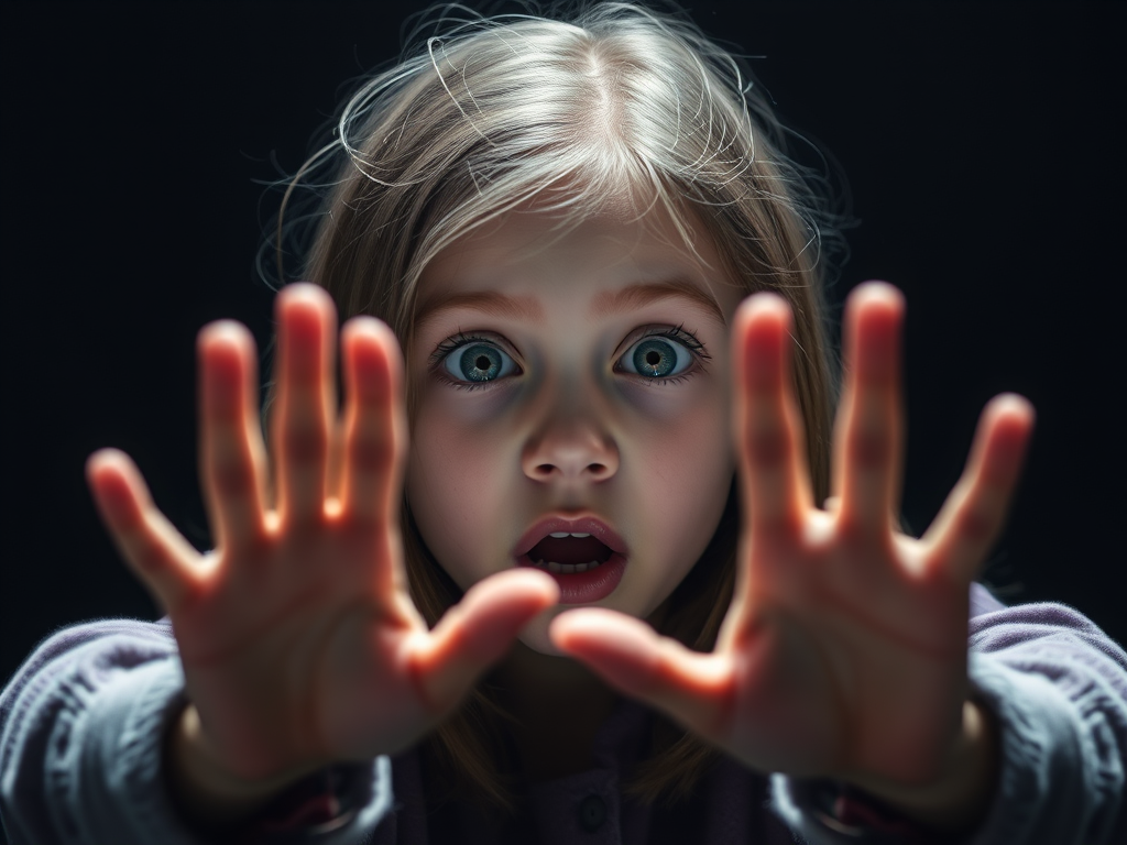 Generate an image of a young girl looking scared, hands reaching out from the darkness, set against a contrasting black background, captured with a Canon EOS R5, 50mm lens, aperture f/1.8, ISO 200, soft lighting to enhance shadows and depth, cinematic style.
