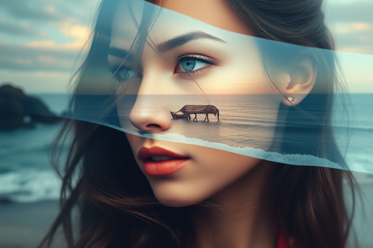 create Book cover, A surreal double exposure portrait that blends a woman's face with a beautiful seascape. The overall mood is dreamy and mystical, with rich colors and intricate details