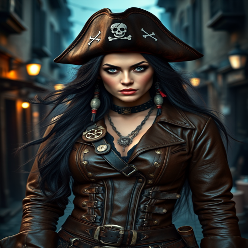 Create a portrait of a fierce female pirate. She wears a leather tricorn hat adorned with a skull and crossbones emblem, and her long, dark hair flows around her face. Her outfit consists of a richly detailed leather jacket, a corset, and multiple layers of belts and accessories, giving her a formidable and stylish appearance. She stands confidently in a dimly lit, historic port town, with a backdrop of weathered buildings and cobblestone streets, capturing the adventurous spirit of a pirate.
