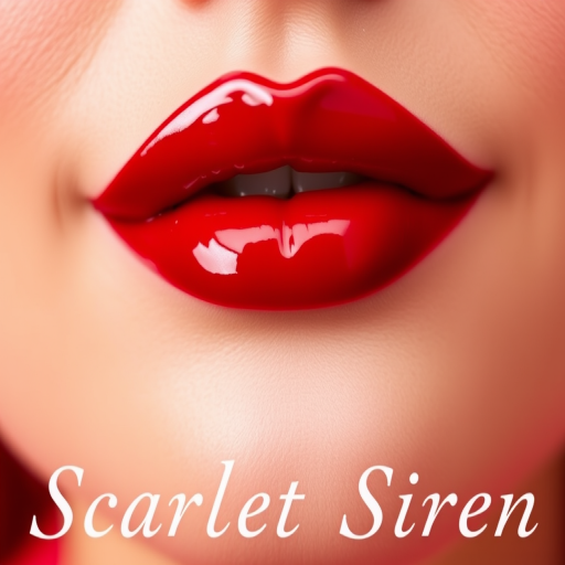 Glossy cherry red lips with a vinyl finish, dubbed "Scarlet Siren," boasting intense pigmentation and a mirror-like shine for classic glamour