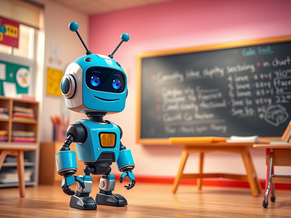 Create an image of a cheerful, cartoonish robot with a blue head and antennae, standing next to a large chalkboard in a bright, colorful classroom setting, using a Canon EOS R5 camera with a 50mm f/1.8 lens at ISO 100, aperture f/2.8, and a warm color profile to enhance image quality.
