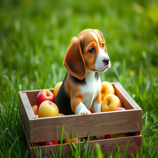 Beagle puppy sitting in a wooden crate filled with fresh apples surrounded by green grass, natural lighting, shallow depth of field, aperture f/2.8, ISO 100, 50mm lens, DSLR camera.