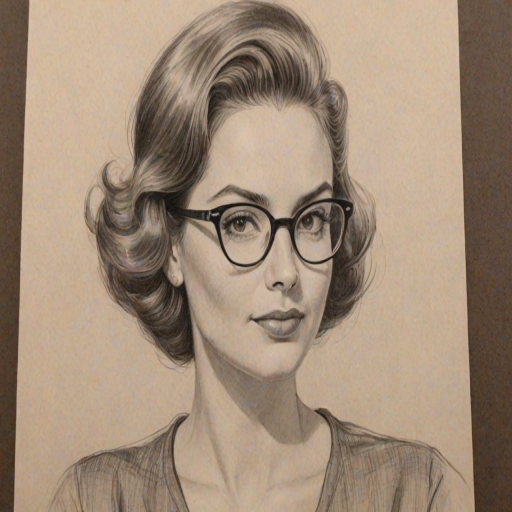 Wonderful Kat Foster, pencil sketch, portrait of Enticing woman 1956s in glasses, hair style beatnik, outline, clear lines, fine lines, 8k