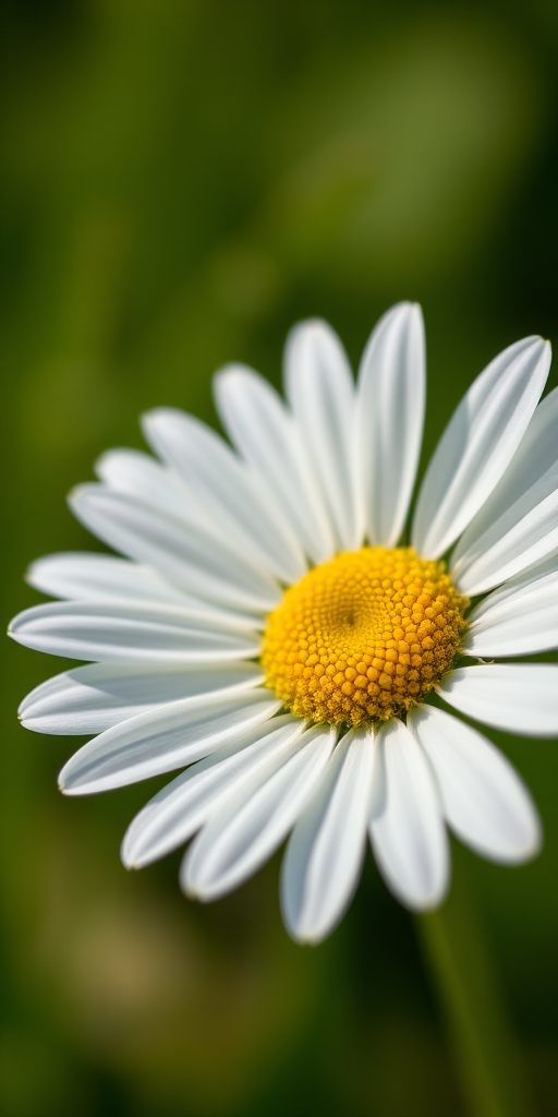 Close-up of a daisy with a blurred green background, taken with a Canon EOS R5, 100mm macro lens, f/2.8 aperture, ISO 100, 1/200 sec shutter speed, natural light, focus on the flower's center for detail.