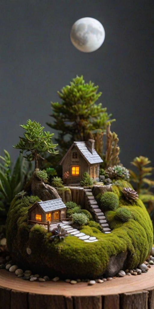 A miniature landscape with moss, succulents, small volcanic rocks, a small wooden house with lights on, and a giant moon
