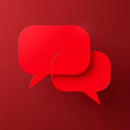 Create an image of two overlapping speech bubbles in vibrant red color, using a DSLR camera with a 50mm lens at f/1.8, capturing the bubbles from a slightly elevated angle against a monochromatic background to emphasize their shape and color.