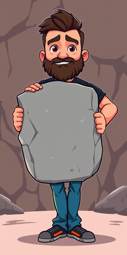 Create a cartoon-style illustration of a character with a beard wearing a black t-shirt and blue jeans, lifting a large gray rock, using a digital art style with a high-resolution setting, 300 DPI, and a focus on vibrant colors and smooth lines, captured from a front view to emphasize the character's expression and the rock's texture.