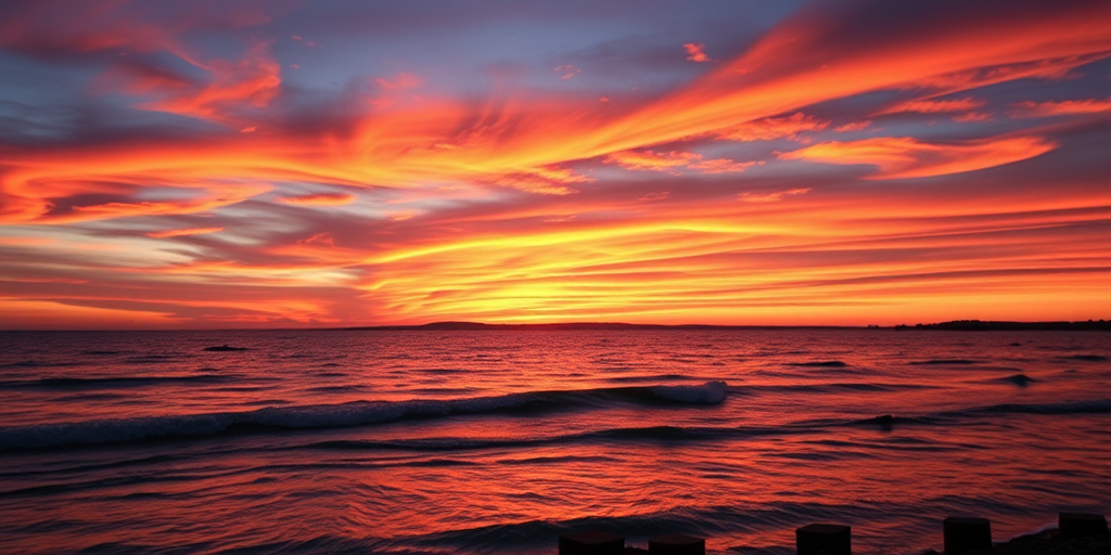 Create a high-quality image of a sunset over water with vivid colors, 50mm lens, f/2.8 aperture, ISO 100, and a tripod for stability, capturing a wide-angle view.