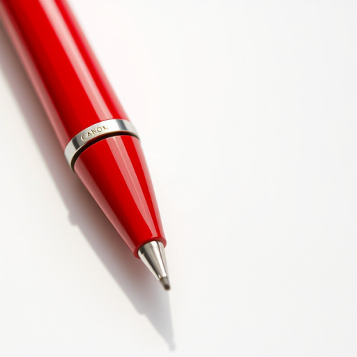 Create a high-resolution image of a red pen with a glossy finish on a clean white background, shot with a Canon EOS R5, 50mm lens, aperture f/2.8, shutter speed 1/125s, ISO 100, using soft natural lighting to enhance details and color depth.