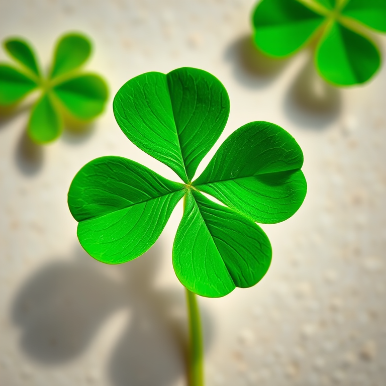 A vibrant three-leaf clover on a clean background, captured with a Canon EOS R5, 50mm f/1.8 lens, natural light, top-down view, high saturation, and increased contrast to enhance the green hues.