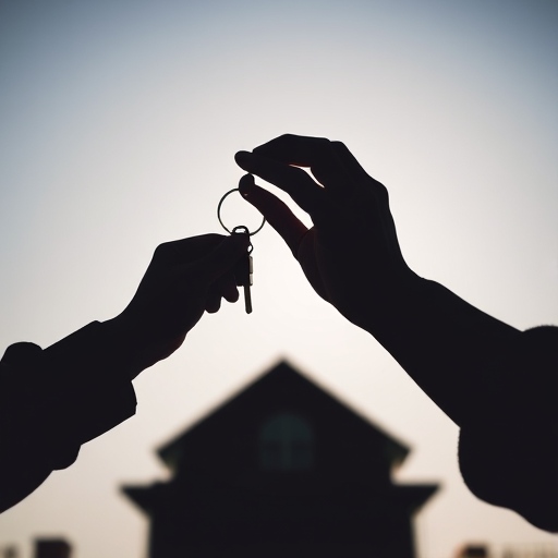 Create an image of two silhouetted hands, one holding keys and the other reaching out, with a simple house outline in the background, captured in high-resolution with a 50mm lens at f/2.8, using a low-angle perspective and a DSLR camera for enhanced clarity and detail.