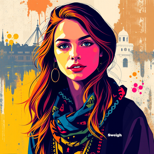 A vibrant artwork blending bohemian style with edgy street art, featuring a young Swedish woman. The design mixes vibrant colors with the modern Disney-inspired style, echoing Roy Lichtenstein's pop art. The overall mood is optimistic and trendy, with elements of Johannes Vermeer’s classic elegance, combined with the geometric abstraction of crystal cubism. add Stockholm silhouette