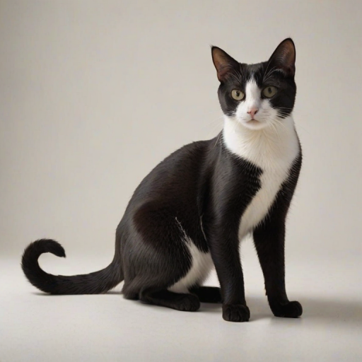 neutral background, with its body low to the ground, diffused light catches the curve of its back and the crisp contrast of its white chest, Imagine a black cat with a crisp white chest standing attentively on a smooth, Imagine a distinguished black cat, light-toned floor, contrasting sharply against its dark coat. The ears are perked up, white background