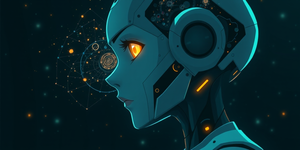 Anime screencap featuring a Minimalist and abstract side profile of a robot woman with a universe sprouting from her mind as she opens her eyes and attains consciousness for the first time in the dark. She has beautiful and intelligent bright orange eyes brimming with knowledge and benevolence. Mostly in hues of blue and green
