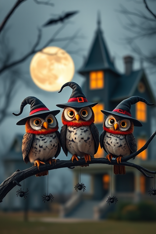 Create a whimsical Halloween scene featuring three cartoonish owls wearing witches' hats perched on a branch with spider decorations, a spooky haunted house in the blurred background, full moon illuminating the sky, shot with a DSLR camera at f/2.8 aperture, ISO 200, 50mm lens, with a shallow depth of field for a dreamy effect.