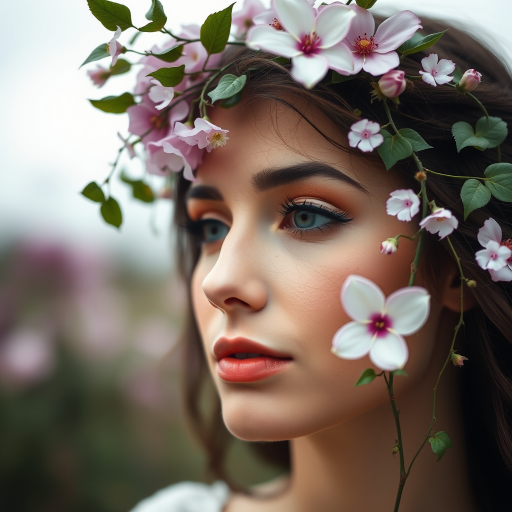 Regenerate the image of a woman with flowers and vines subtly integrated into her facial features, captured in soft natural light with a shallow depth of field, using a full-frame DSLR camera with a 50mm lens at f/1.8, ISO 100, and a slightly overcast sky for even lighting.