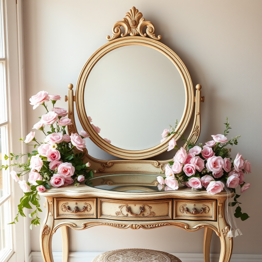 Create a high-resolution image of a vintage vanity table with a large round mirror surrounded by soft pink flowers and greenery, using a DSLR camera at f/2.8 aperture, 50mm lens, in natural light, with a slight overhead view.