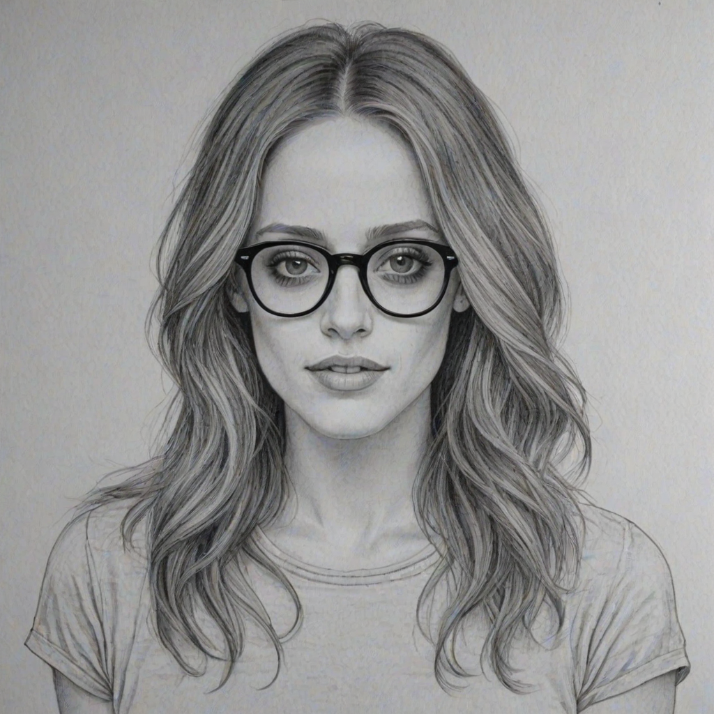 Pleasing Carly Chaikin, pencil sketch, portrait of Splendid woman 1973s in glasses, hair style beatnik, outline, clear lines, fine lines, 8k