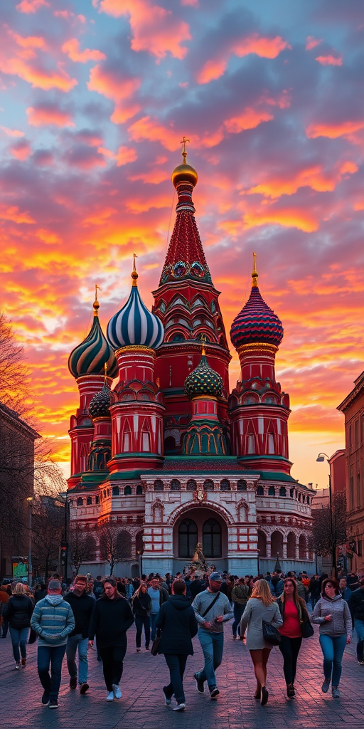 Create a highly detailed digital illustration of St. Basil's Cathedral in Moscow with a vibrant sky, using a DSLR camera set to f/8, 1/250 sec, ISO 100, wide-angle lens, capturing a lively street scene with people in front of the cathedral at sunset.