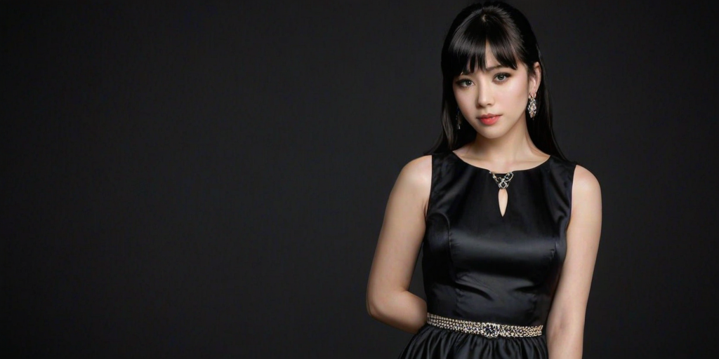 1girl,solo,black hair,jewelry,hand on hip,realistic,earrings,dress,black dress,looking at viewer,sleeveless,nail polish,black eyes,bangs,mole under eye,sleeveless dress,lips,black background,bracelet,upper body,