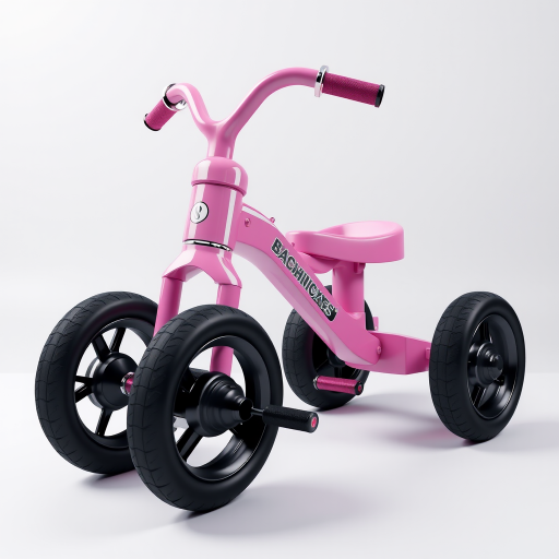 create a 3D rendered image of a pink tricycle with a shiny finish and realistic shadows, using a Canon EOS R5 camera with a 50mm lens, aperture f/2.8, ISO 100, and soft diffused lighting for enhanced image quality