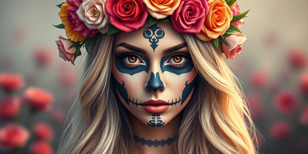 Create a vivid digital illustration of a woman with long blonde hair, wearing a colorful flower crown of roses, skull makeup, and striking brown eyes, shot with a DSLR camera at f/2.8, ISO 100, 50mm lens, in portrait mode, with a soft focus background to enhance the subject's features.