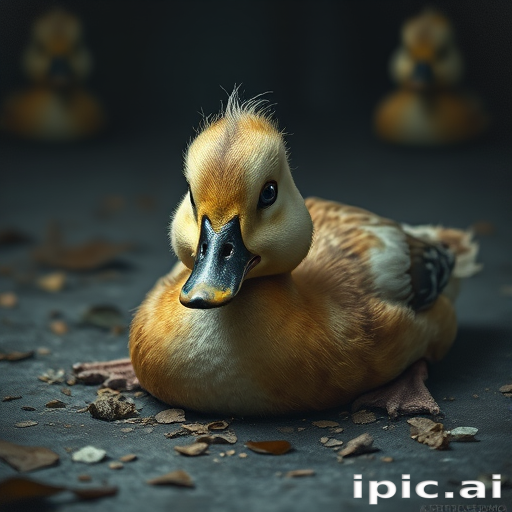 Stunning image of a cute adorable tired looking wacky duck laying flat on the ground, no emotions, moody, grainy, noisy, concept art, by Alberto Seveso, Cyril Rolando, Dan Mumford, Meaningful Visual Art, Detailed Painting, Digital Illustration,
