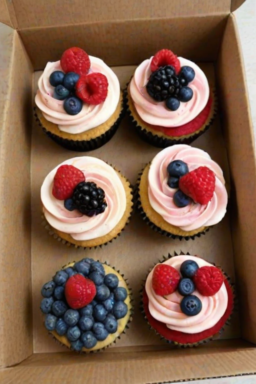 Create an image of a box containing six beautifully decorated cupcakes. Each cupcake has a swirl of buttercream frosting and is topped with a mix of fresh berries, including strawberries, raspberries, blackberries, and blueberries. The cupcakes are arranged neatly in a cardboard box, showcasing their colorful and appealing designs.