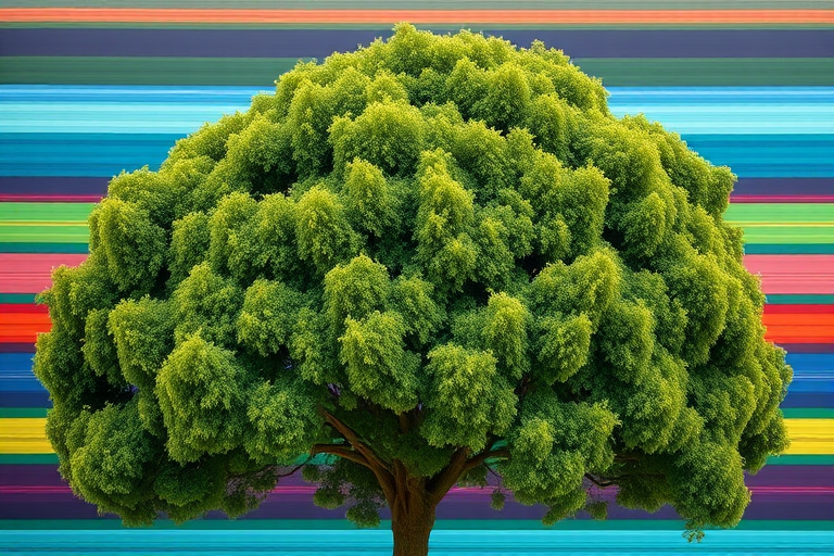 a large, lush green tree with thick foliage set against a colorful abstract background with horizontal stripes