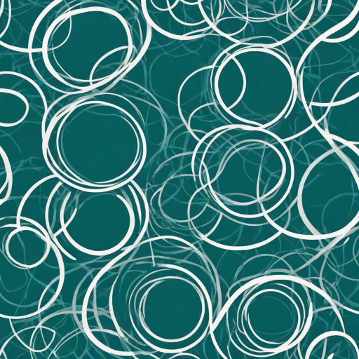 create a background design featuring various overlapping circles and geometric shapes in shades of teal and white, utilizing line art and striped patterns.