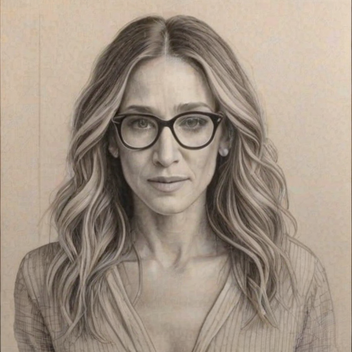 Gorgeous Sarah Jessica Parker, pencil sketch, portrait of Graceful woman 1931s in glasses, hair style beatnik, outline, clear lines, fine lines, 8k