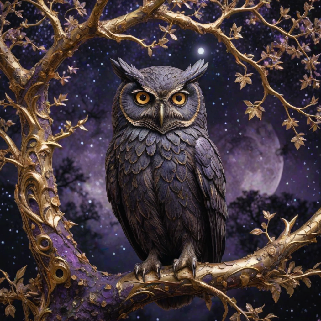 obsidian stone owl on a lush ral-frctlgmtry tree, very detailed eyes, full moon and stars in the sky, purple hues, dreamlike, glowing edges, mystical, high contrast, ethereal light, gold leaf