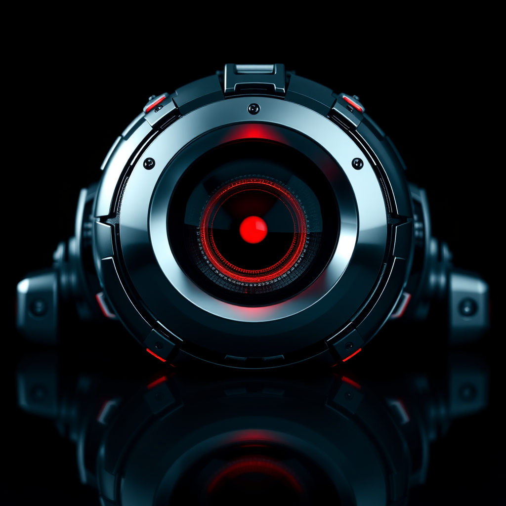 Create a high-resolution digital illustration of a sleek robotic eye with a glowing red center, using a DSLR camera with a 50mm lens, f/1.8 aperture, ISO 100, and a shallow depth of field, captured from a centered eye-level perspective against a stark black background, emphasizing reflections and details in the metallic surface.