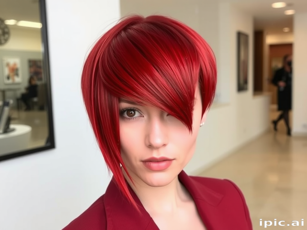 Fiery red asymmetrical bob with sharp angles, sleek and straight styling, featuring a dramatic side-swept fringe that adds intrigue and edginess