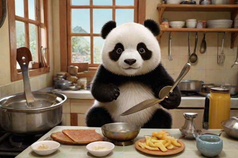 The image is a high-resolution photograph of a charming panda named Huahua, depicted in a bustling kitchen setting. Huahua has a distinctive black and white fur pattern, with round, chubby features and a serious expression. She stands upright, holding a large spatula in her right paw and a frying pan in her left, as she diligently cooks at the stove.