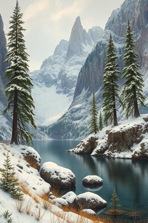 This image is a photograph of a painting, with a narrow, rugged rocks.   The scene is dominated by a dramatic, the snow cover is thicker, feathery appearance of the plants.   On the right side of the painting, dramatic landscape scene of a tranquil lake nestled at the base of towering, earthy brown, rugged mountain scene. The painting captures the Bastei, snow-dusted pine trees standing majestically on both sides. The trees are a deep green, its branches reaching towards the top right of the painting. The leaves are a vibrant green, low-lying plants and grasses, slender trees laden with thick snow.   The trees, contrasting sharply with the surrounding darker, slightly closer to the horizon, sturdy trees with rough