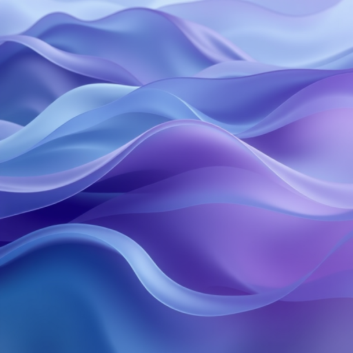 Create an abstract image of flowing waves in various shades of blue and purple, using a Canon EOS R5 with an 85mm f/1.2 lens, ISO 100, aperture f/1.8, and a soft-focus style to enhance the fluidity and softness of the colors.