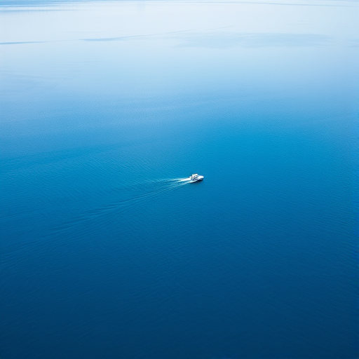 a serene blue lake with gentle waves and a small boat in the center, surrounded by a vast expanse of water and soft ripples reflecting the sky