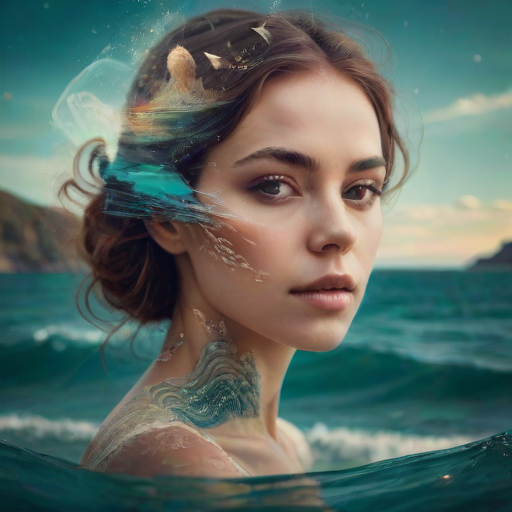 imagine Book cover, A surreal double exposure portrait that blends a woman's face with a beautiful seascape. The overall mood is dreamy and mystical, with rich colors and intricate details