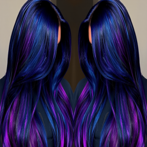 Striking Midnight Galaxy locks incorporating deep blue, purple, and black tones with holographic glitter accents, styled in long, sleek straight strands with a center part