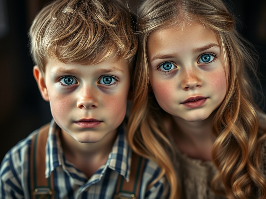 Create a portrait of a boy and girl with bright blue eyes, girl with long blonde hair and wavy hairstyle, both wearing vintage clothing, soft lighting, high detail, shallow depth of field, using a Canon EOS R5, 85mm f/1.2 lens, aperture f/1.8, ISO 100, 1/200s shutter speed, studio lighting backdrop.