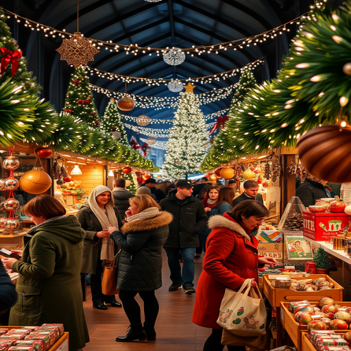 Festive holiday market, bustling with shoppers browsing handcrafted ornaments and gifts, twinkling lights adorning the stalls, and the scent of hot cocoa wafting through the air, with cheerful music playing in the background.