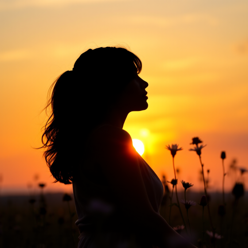 Generate a silhouette of a woman's profile against a vibrant sunset with wildflowers in the foreground, using a Canon EOS R5 camera, 50mm lens, f/1.8 aperture, ISO 100, and a soft focus style for a dreamy effect.