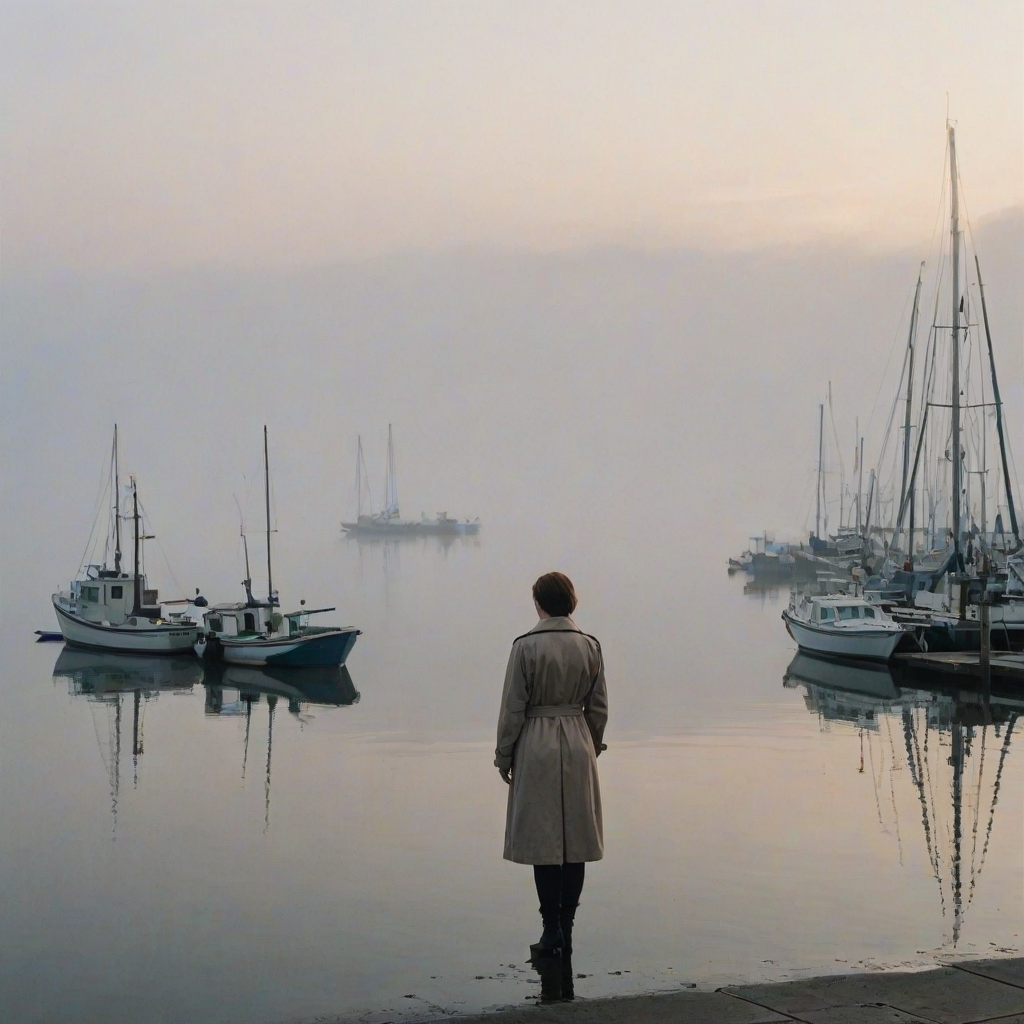 Fog-shrouded harbor at dawn, boats tied to the dock barely visible through the mist, a woman in a trench coat stands at the water's edge, looking out over the calm, gray sea.