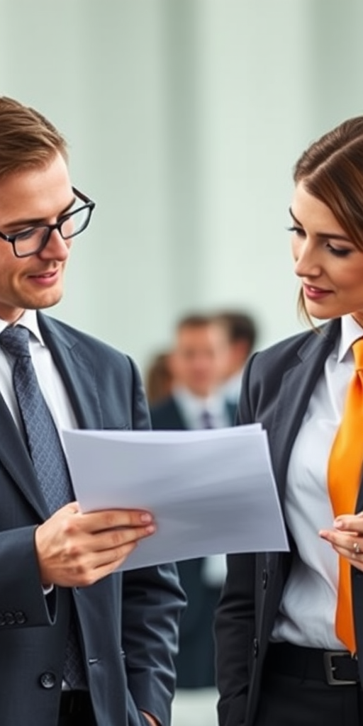 Two business professionals discussing a document, both wearing suits, one with a tie and the other with an orange tie, soft focus background, shot on a professional DSLR camera with 50mm lens, f/1.8 aperture, ISO 200, natural lighting, portrait orientation.