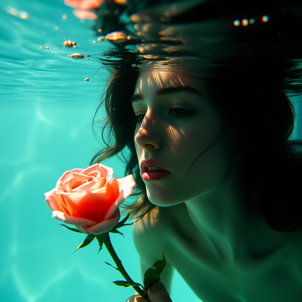 A woman underwater, gazing at a rose Her face is reflected in the water's surface The scene is illuminated by sunlight filtering through the water The atmosphere is serene and contemplative