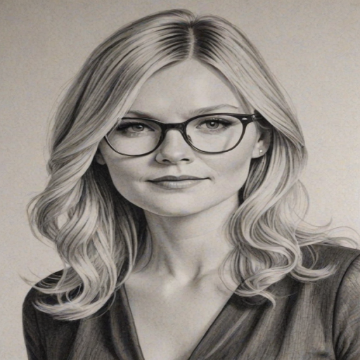 Beauteous Kirsten Dunst, pencil sketch, portrait of Elegant woman 1966s in glasses, hair style beatnik, outline, clear lines, fine lines, 8k