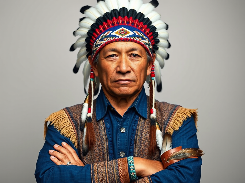Create a dignified portrait of a Native American man dressed in traditional attire. He wears a beautifully crafted headdress adorned with white feathers and red beads, along with a beaded headband featuring intricate patterns. His clothing includes a deep blue, patterned shirt and a traditional chest piece with detailed beadwork. His arms are crossed, displaying leather armbands decorated with feathers. The background is simple and neutral, emphasizing his proud and stoic expression. The overall image captures the rich cultural heritage and strength of his persona.